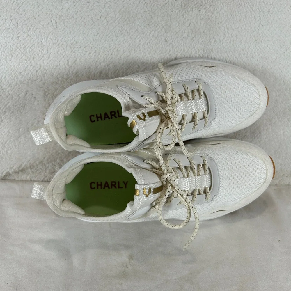 Charly White Gold Mesh Lace Up Athletic Running Sneakers Shoes Womens 10